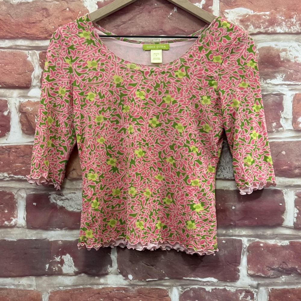 Sigrid Olsen Crop Top Women's SP Pink Green Garden Floral Vine Mesh Casual Shirt